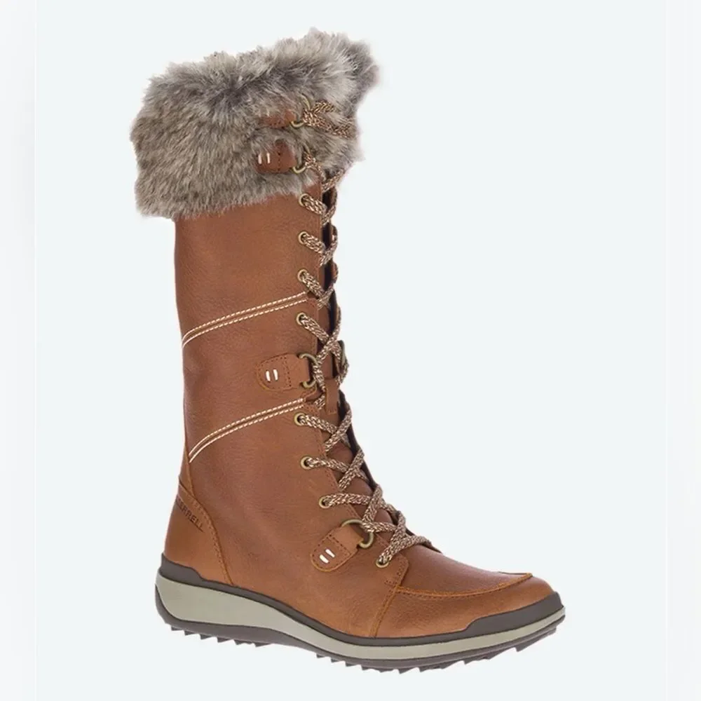 Merrell Snowcreek Polar Tall Oak Boots Quantum Grip Leather Faux Fur NWOB 7.5
